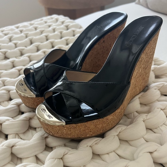 Jimmy Choo Black Wedge Sandals 38.5 - Picture 1 of 9